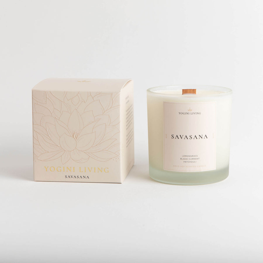 SAVASANA - Lemongrass and Patchouli Crackling Woodwick Candle - 8oz Frosted Glass Jar with Retail Box - YoginiLiving