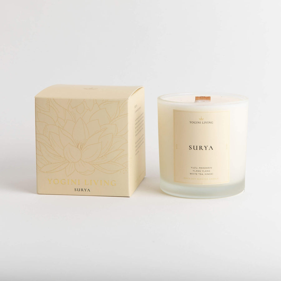 SURYA - Yuzu and Hinoki Crackling Woodwick Candle - 8oz Frosted Glass Jar with Retail Box- YoginiLiving