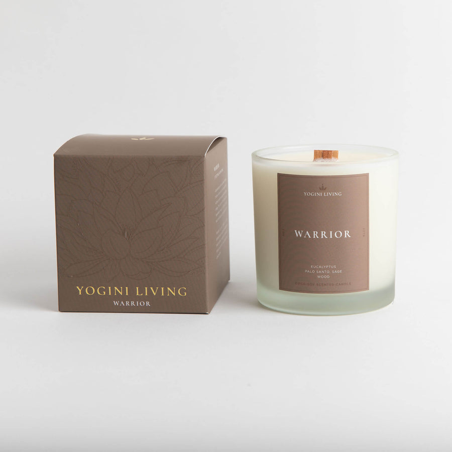 WARRIOR - PaloSanto and Eucalyptus Crackling Woodwick Candle - 8oz Frosted Glass Jar with Retail Box- YoginiLiving